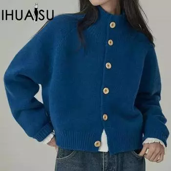 IHUASU Женский ретро вязаный кардиган с высоким воротом, верхняя одежда на осень и зиму, свободный ленивый ветер, мягкий однотонный джемпер One Size синий