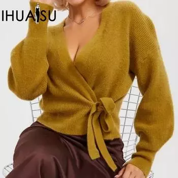 IHUASU женский сексуальный V-образный вырез с завязками вязаный кардиган осень и зима корректирующий фигуру свитер куртка S имбирный