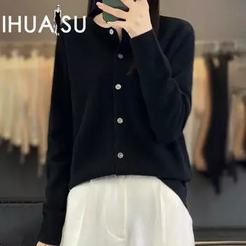 IHUASU Женский шерстяной вязаный кардиган с круглым вырезом, универсальный тонкий свитер для осени и зимы S озеро синий