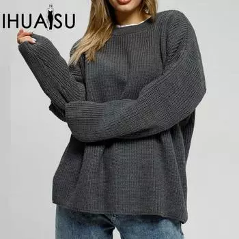 IHUASU Женский свитер осень-зима О-образный вырез пуловер свободный длинный рукав трикотажный свитер куртка S светло-серый