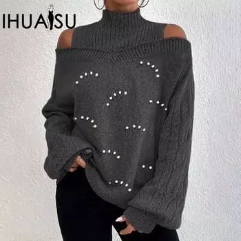 IHUASU Женский свитер премиум-класса с бисером, осенне-зимняя дорожная трикотажная куртка S серый