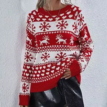 IHUASU Женский свитер-пуловер с круглым вырезом и принтом снежинок из лосей, осенне-зимний S красный