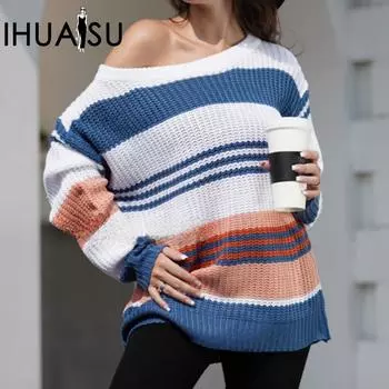 IHUASU Женский свитер Rainbow Intercolour Splicing Knit, пуловер, темперамент, свободный свитер для поездок на работу S синий