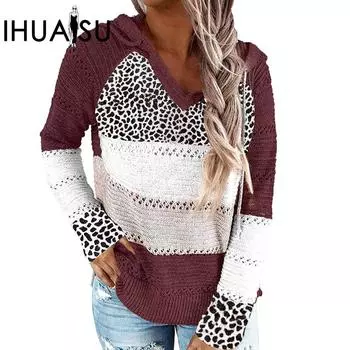 IHUASU Женский свитер с капюшоном и леопардовым принтом, свободная вязка, полосатый цветной блокирующий свитер, осень/зима S зелёный