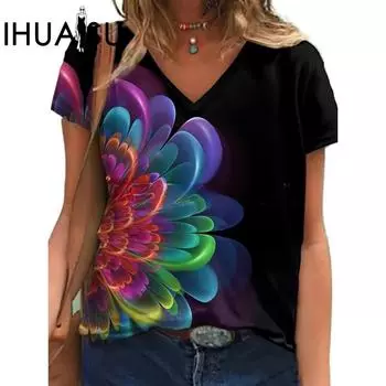 IHUASU Женский свитер с круглым вырезом, абстрактным ретро-принтом, уличный, с коротким рукавом, разноцветная свободная футболка с V-образным вырезом S серый