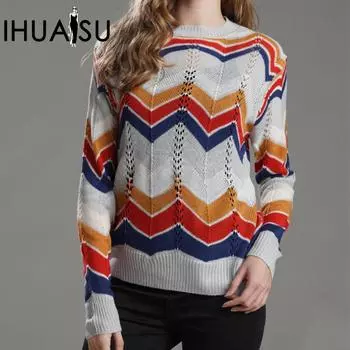 IHUASU Женский свитер с круглым вырезом для поездок на природу, осенне-зимний, пуловер, полосатый радужно-белый топ S серый