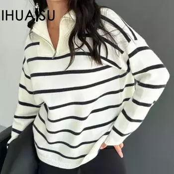 Женский свитер IHUASU с застежкой-молнией на лацкан, свободный жакет большого размера в полоску S розы красного