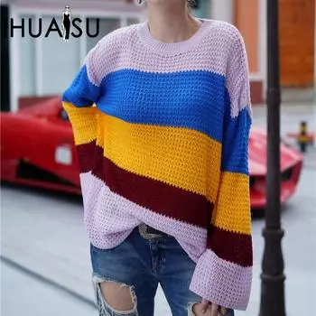 IHUASU Женский свитер свободного кроя большого размера на осень и зиму с расклешенными рукавами, полосатый радужный свитер S розовый