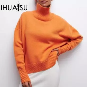 IHUASU Женский свитер свободного кроя с высоким воротом, осенне-зимний свитер S чёрный