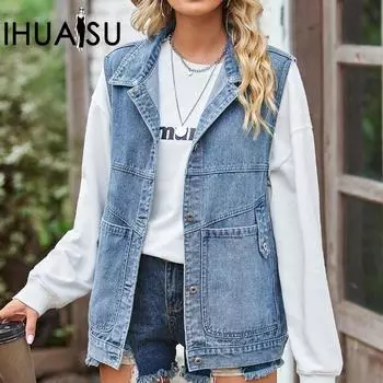 IHUASU Женский свободный джинсовый жилет на плечах повседневные жилеты S синий