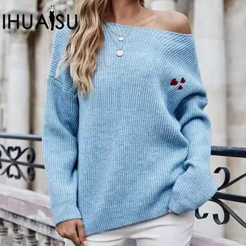 IHUASU Женский свободный однотонный свитер с круглым вырезом и сердечком на груди S светло-серый