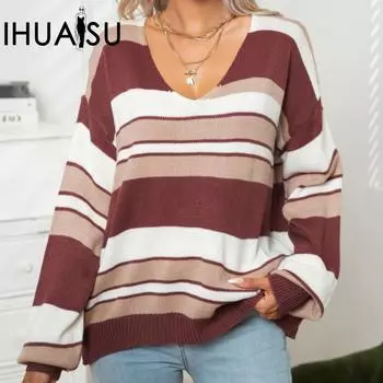 IHUASU Женский свободный полосатый свитер с V-образным вырезом и длинными рукавами, осенне-зимний свитер с градиентной вязкой S синий