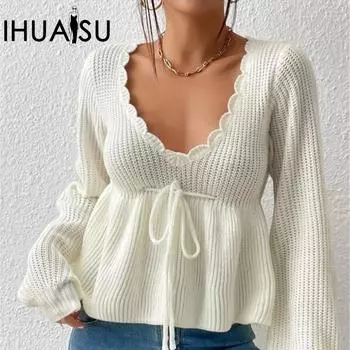 IHUASU женский свободный свитер с V-образным вырезом, завязывающимся на шнурок, с оборками по подолу S белый