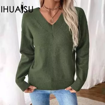 IHUASU женский свободный свитер с V-образным вырезом и разрезом на спине S армия зеленый