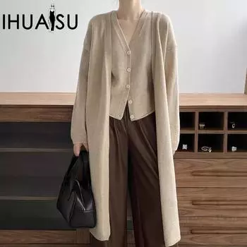 IHUASU женский свободный трикотажный кардиган средней длины куртка осенне-зимний жилет джемпер жилет комплект из двух предметов One size верблюд