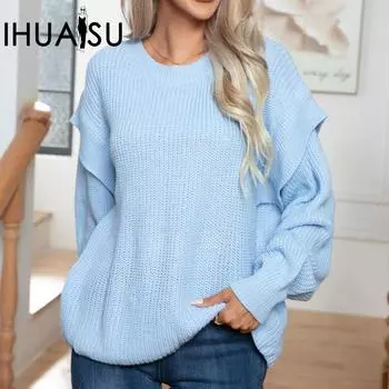 IHUASU Женский свободный трикотажный свитер с заниженной линией плеч и длинными рукавами S фиолетовый