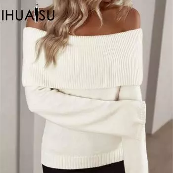 IHUASU женский тонкий модный сексуальный вязаный длинный рукав женский свитер S белый