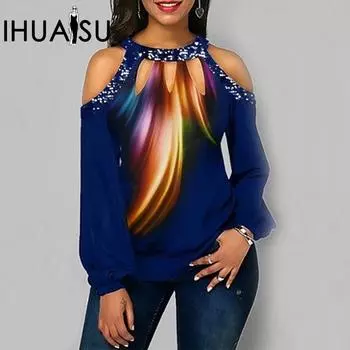 IHUASU женский топ больших размеров с пайетками и принтом перьев, футболка с открытыми плечами и длинными рукавами, женская S чёрный