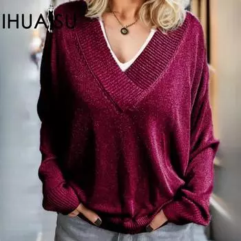 IHUASU Женский трикотаж больших размеров с V-образным вырезом и длинными рукавами, однотонный повседневный джемпер, трикотажный шелковый свитер золотистого цвета S абрикосовый