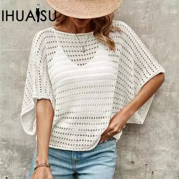 IHUASU Женский трикотаж с круглым вырезом и короткими рукавами, весна/лето S хаки