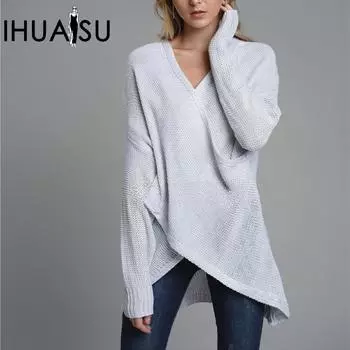 IHUASU Женский трикотажный свитер-пуловер на осень и зиму для поездок на работу с перекрестным V-образным вырезом S серый