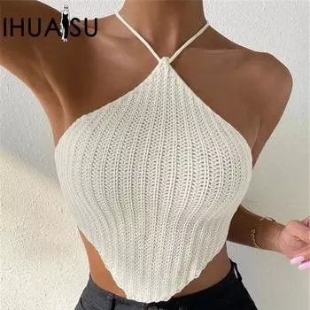 IHUASU Женский трикотажный жилет со шнуровкой на шее, топ-свитер с запахом S бежевый