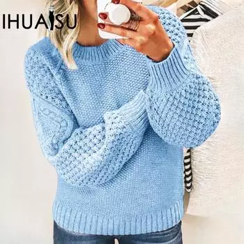 IHUASU Женский утолщенный теплый свитер Hundred Solid Colours Outer Knit Pullover Top Knitwear S небесно-голубой
