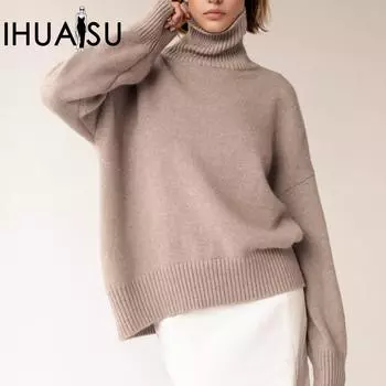 IHUASU Женский утолщенный трикотаж осенне-зимний свободный джемпер с высоким воротом S белый