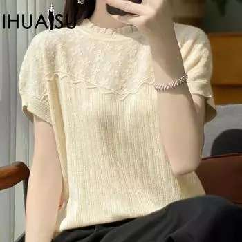 IHUASU Женский весенне-летний трикотажный свободный кружевной топ с баской и вырезом M зелёный