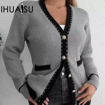 IHUASU Женский вязаный джемпер-кардиган осень-зима ленивый ветер мода повседневный вязаный кардиган с длинными рукавами куртка S серый
