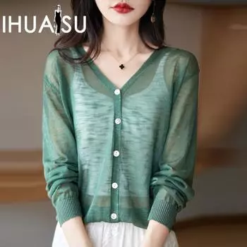 IHUASU женский вязаный кардиган из бамбука и пеньки, тонкий шелковый льняной жакет, летняя свободная шаль с кондиционером M белый