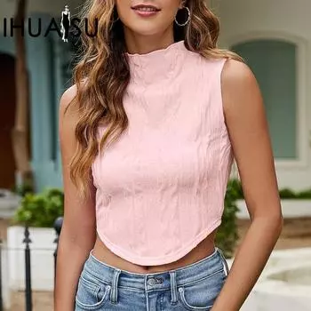 IHUASU Женский вязаный укороченный жилет без рукавов с круглым вырезом, летний S чёрный