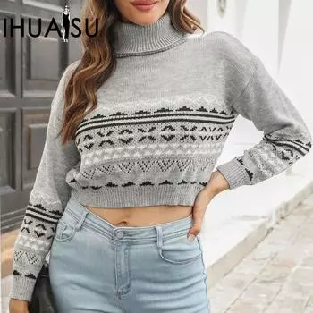 IHUASU Женский жаккардовый свитер с вырезом и высоким воротом, короткий свитер с длинным рукавом на осень и зиму S серый