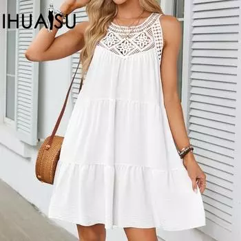 IHUASU женское ажурное кружевное лоскутное платье трапециевидной формы с лямкой на бретельках S белый