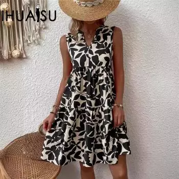 IHUASU Женское богемное модное свободное плиссированное платье с v-образным вырезом и принтом для женщин S чёрный