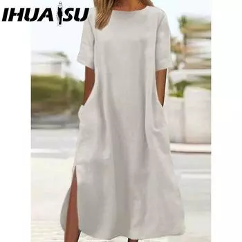 IHUASU женское длинное повседневное простое свободное платье из хлопка и льна большого размера S белый