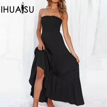 IHUASU женское длинное винтажное платье без рукавов с талией в стиле бохо, однотонное, с отстрочкой по краю без бретелек S чёрный