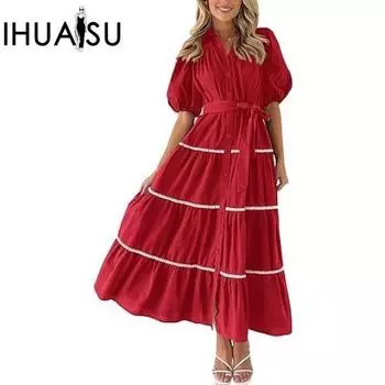 IHUASU женское кружевное многослойное плиссированное платье-рубашка с короткими рукавами и пышными рукавами S белый