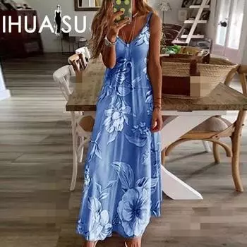 IHUASU Женское летнее длинное платье без рукавов с принтом и v-образным вырезом, сексуальное с глубоким вырезом и цветочным принтом