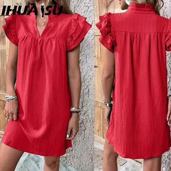 IHUASU Женское летнее модное многослойное платье-пуловер с рукавами-лотосами и V-образным вырезом S светло-синий