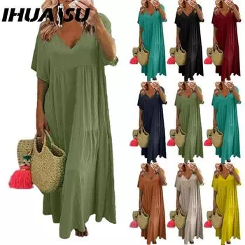 IHUASU Женское летнее модное однотонное платье с V-образным вырезом больших размеров, свободное длинное повседневное платье с коротким рукавом S чёрный
