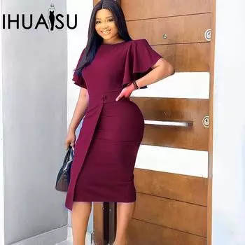 IHUASU женское летнее однотонное офисное платье с высокой талией и круглым вырезом, с рукавами лотоса S бордовый