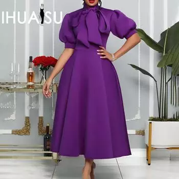 IHUASU, женское летнее однотонное платье с бантом для девочек, с короткими рукавами, банкетное платье с половиной воротника большого размера S белый