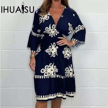 IHUASU женское летнее платье с рукавом семь четвертей с принтом S чёрный