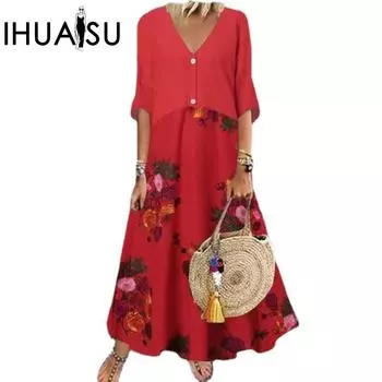 IHUASU женское летнее платье с V-образным вырезом и коротким рукавом с принтом, длинное повседневное платье на пуговицах S коричневый