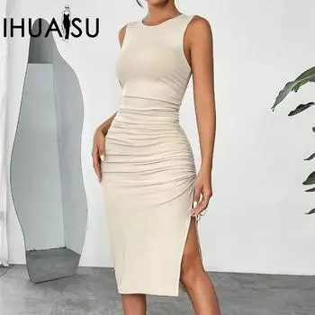 IHUASU Женское летнее платье-жилет без рукавов с плиссировкой и завязками, облегающее платье с бедрами S абрикосовый