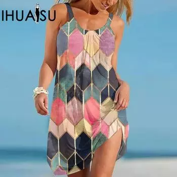 IHUASU женское летнее пляжное платье с бретельками и принтом женское платье S