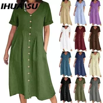 IHUASU Женское летнее повседневное хлопковое платье с V-образным вырезом и коротким рукавом на пуговицах S белый