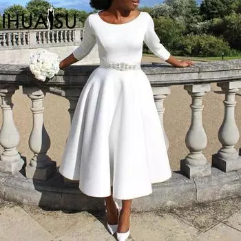 IHUASU женское летнее сплошное цветное платье с круглым вырезом и длинными рукавами, большая распашная юбка, темпераментное вечернее платье с высокой талией