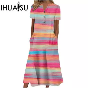 IHUASU женское летнее свободное платье с v-образным вырезом и короткими рукавами с цветочным принтом